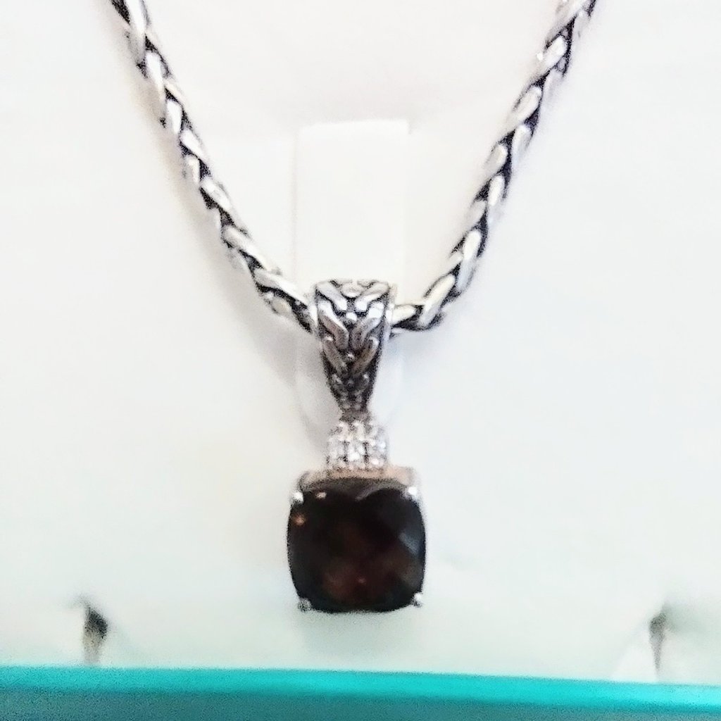 Effy Smoky Quartz Necklace, Sterling Silver With Tiny Diamonds On Bezel. Nwb